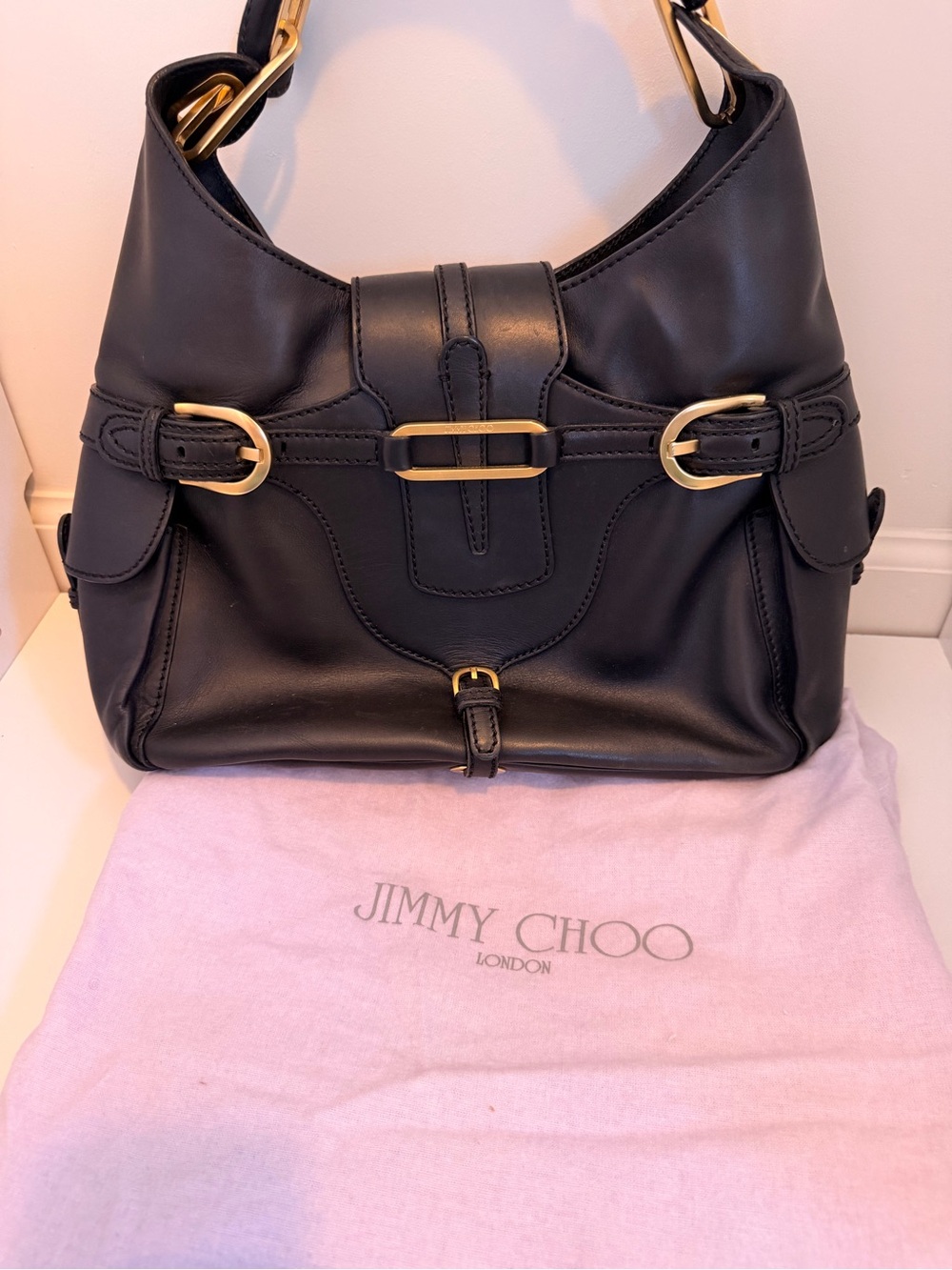 Jimmy Choo Black Leather Shoulder Hobo with Gold Buckle Accents